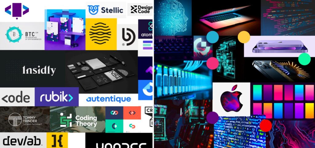 Mood boards featuring tech logos, LEDs and bright colours