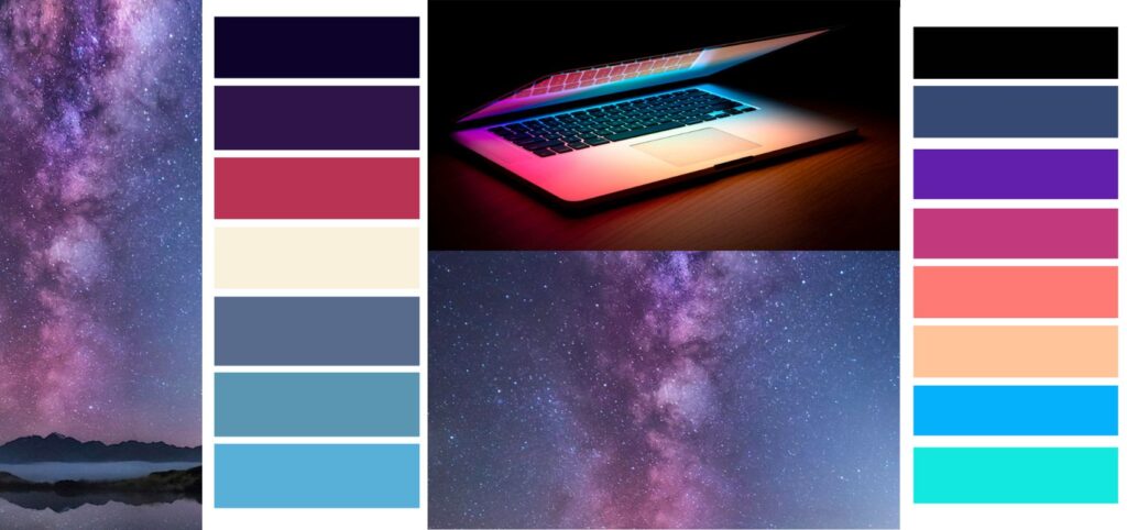 Two colour palettes based on: the milky way against a pink and blue hued sky and; an open laptop with a brightly coloured screen. 